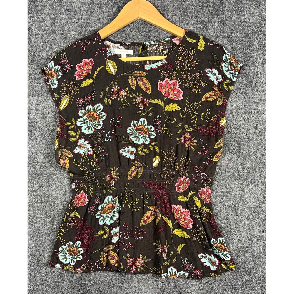 Maurices Womens Floral Smocked Waist Peplum Blouse Brown Cap Sleeve Small